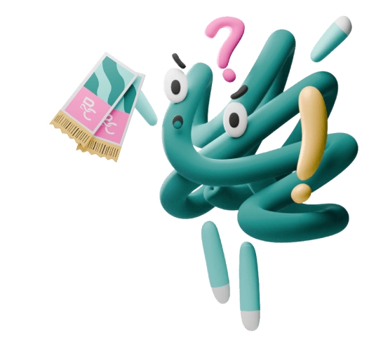 Teal mascot with a surprised expression, floating question mark, and holding a pink and teal Bridal Connects scarf