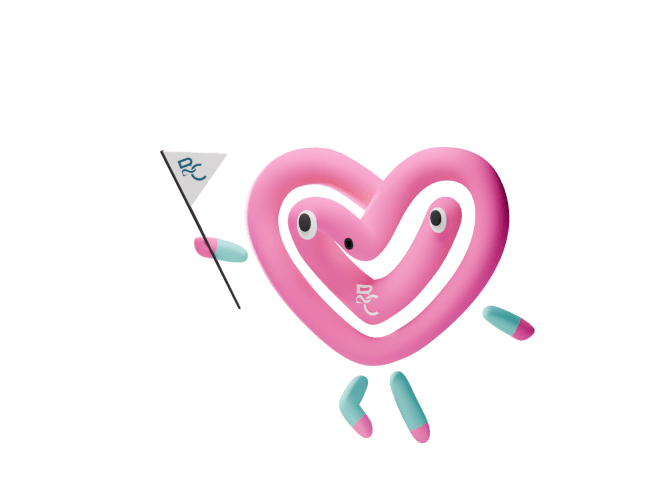 Playful pink heart character with arms and legs, holding a flag featuring 'BC' logo, on a transparent background